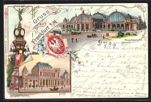 Lithographie Frankfurt /Main, Hauptbahnhof und Börse