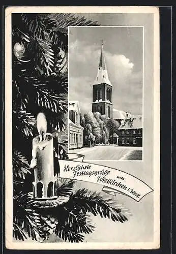 Künstler-AK Westkirchen i. Westf., Kirche im Winter, Tannenzweig mit brennender Kerze