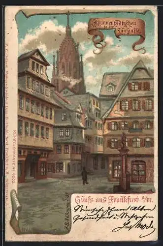 Lithographie Alt-Frankfurt, Brunnenplätzchen in der Saalgasse