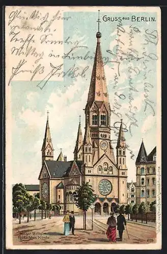 Lithographie Berlin-Charlottenburg, Spaziergänger an der Kaiser Wilhelm Gedächtnis Kirche
