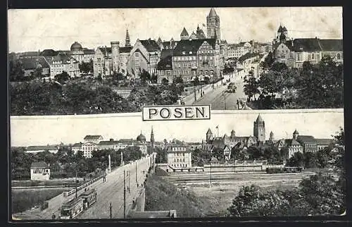 AK Posen, Schlossbrücke und Theaterbrücke mit Strassenbahnen