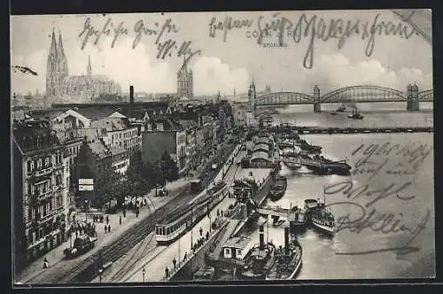 AK Köln a. Rh., Panorama mit Brücke und Strassenbahn