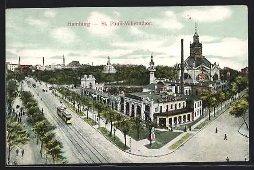 AK Hamburg-St. Pauli, Millerntor mit Gasthaus Elbschloss-Bräu und Strassenbahn