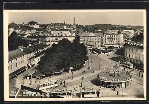 AK Graz, Jakominiplatz mit Strassenbahnen aus der Vogelschau