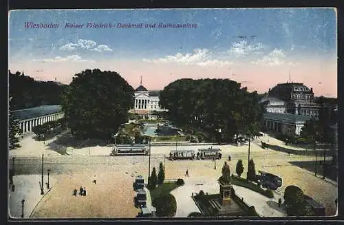 AK Wiesbaden, Strassenbahn vor dem Kaiser Friedrich-Denkmal am Kurhausplatz