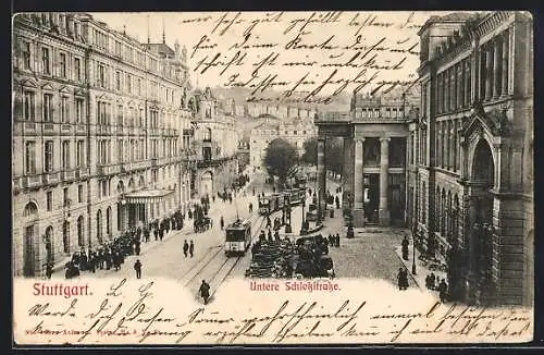 AK Stuttgart, Strassenbahn an der Unteren Schlossstrasse