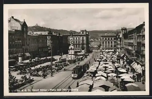 AK Linz a. D., Platz mit Pöstlingberg und Strassenbahn