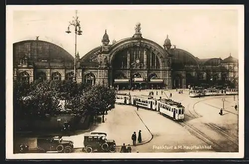 AK Frankfurt a. M., Strassenbahn vor dem Hauptbahnhof