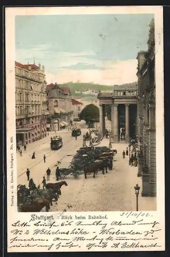 AK Stuttgart, Blick beim Bahnhof mit Strassenbahn