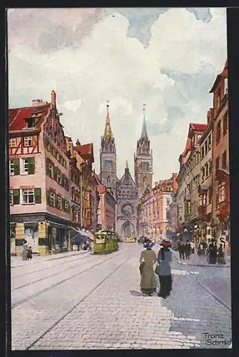 Künstler-AK Nürnberg, Karolinenstrasse mit Lorenzkirche und Strassenbahn