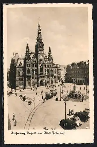 AK Reichenberg / Liberec, platz mit Kreditanstalt der Deutschen, Strassenbahn