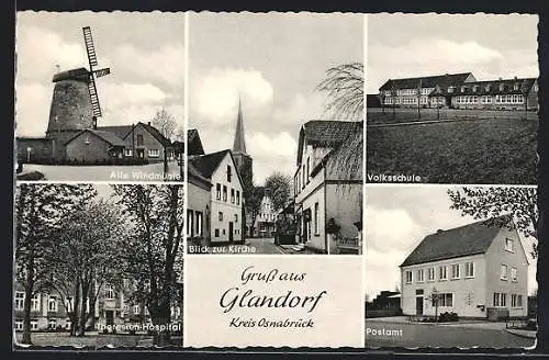 AK Glandorf /Kreis Osnabrück, Postamt, Theresien-Hospital, Alte Windmühle
