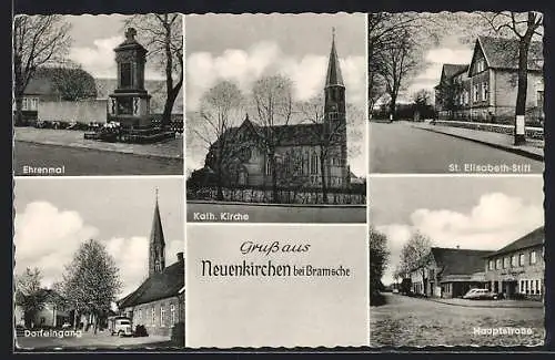AK Neuenkirchen bei Bramsche, Ehrenmal, Hauptstrasse, Dorfeingang