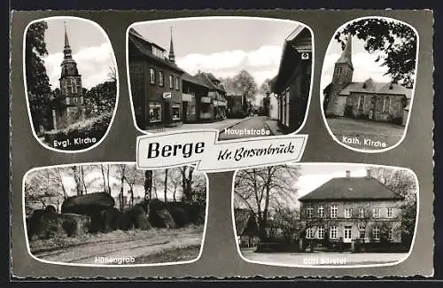 AK Berge / Bersenbrück, Hauptstrasse, Evgl. Kirche, Hünengrab, Stift Börstel, Kath. Kirche