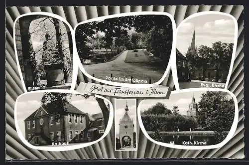 AK Fürstenau i. Hann., Schlosspark, Rathaus, Kath. Kirche