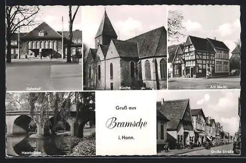AK Bramsche i. Hann., Grosse Strasse, Hasebrücke, Bahnhof, Kirche