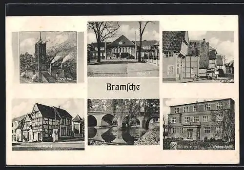 AK Bramsche, Am Markt, Münsterstrasse, Bahnhof, Webeschule