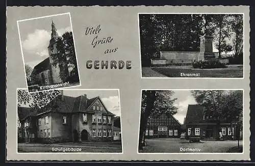 AK Gehrde, Schulgebäude, Kirche, Strassenpartie