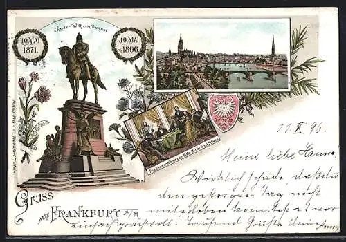 Lithographie Frankfurt, 1871 - 1896, Friedenskonferenz 1871 im Hotel Schwan, Kaiser Wilhelm-Denkmal