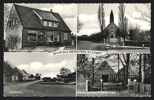 AK Gersten /Lingen, Geschäftshaus Fritz Küthe, Kirche und Niedersächsisches Bauernhaus