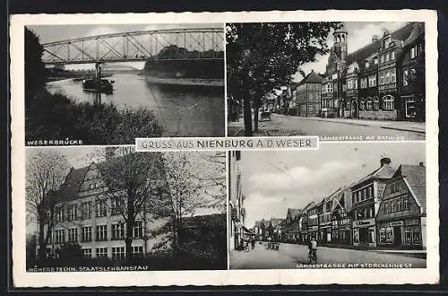 AK Nienburg a. d. Weser, Langestrasse mit Rathaus, Weserbrücke, Höhere Technische Schule