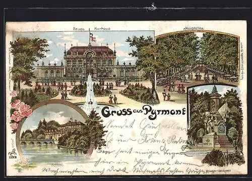 Lithographie Pyrmont, Neues Kurhotel, Haupthalle, Schloss, Kriegerdenkmal