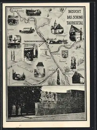 AK Tauberbischofsheim, Landkarte mit Sehenswürdigkeiten d. Umgebung