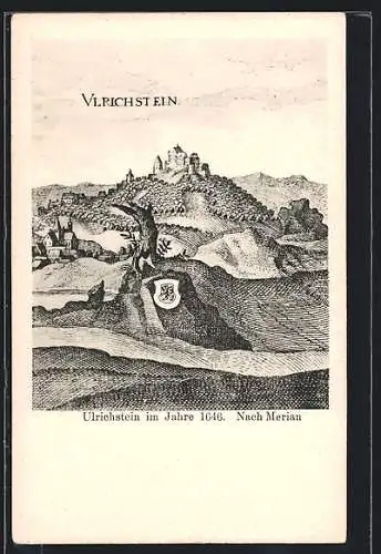 Lithographie Ulrichstein, Ortsansicht im Jahre 1646, nach Merian