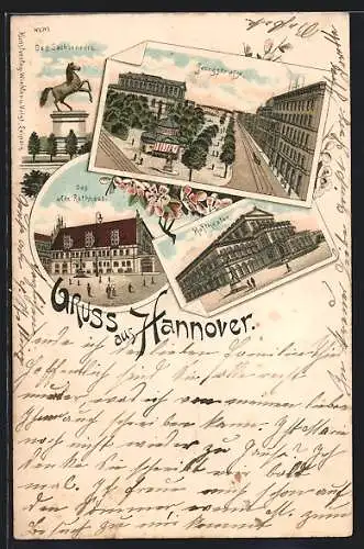 Lithographie Hannover, Georgstrasse, Hoftheater, Altes Rathaus
