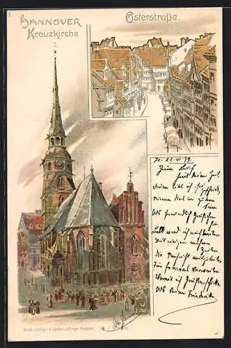 Lithographie Hannover, Osterstrasse und Kreuzkirche