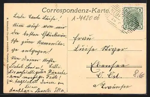 AK Langhalsen, Totalansicht mit Kirche und Fluss mit zwei Brücken