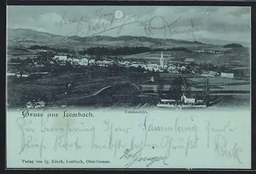 Mondschein-AK Lembach im Mühlkreis, Totalansicht mit Kirche
