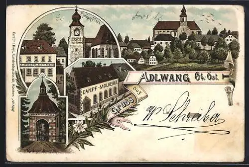 Lithographie Adlwang /Ob.-Öst., Kirchenplatz, Dampf-Molkerei, Gnaden-Quelle