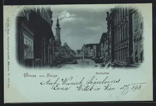 Mondschein-AK Steyr, Stadtplatz mit Kirche