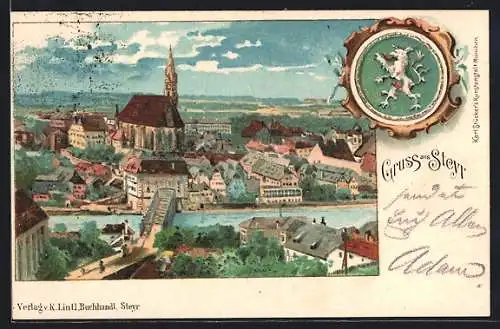 Lithographie Steyr, Ortsansicht aus der Vogelschau