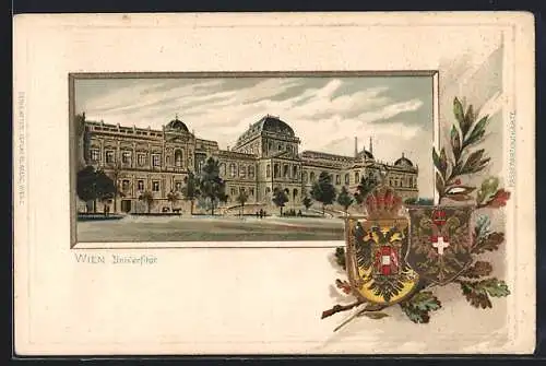 Lithographie Wien, Blick auf die Universität, Passepartout mit österreichischen Wappen