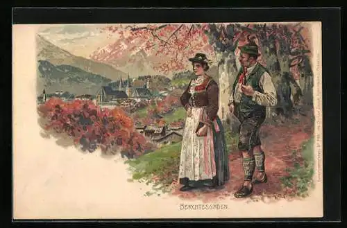 Künstler-Lithographie Fritz Bergen: Berchtesgaden, Blick zum Ort, Liebespaar in Tracht