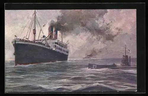 Künstler-AK Hans Rudolf Schulze: U 21 hält grossen englischen Dampfer im Kanal an
