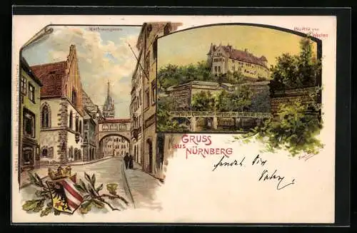 Künstler-Perl-AK Erwin Spindler: Nürnberg, Rathausgasse, Burg von Westen