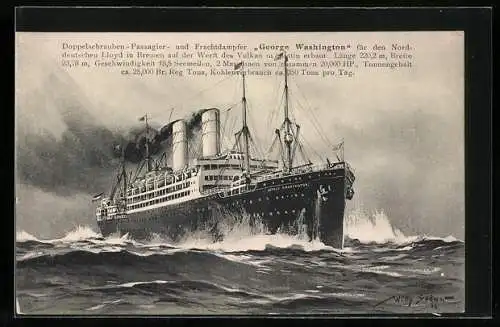 Künstler-AK Willy Stoewer: Passagierschiff u. Frachtdampfer George Washington auf hoher See