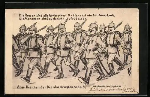 Künstler-AK Willi Scheuermann: Die Russen sind alle Verbrecher, ihr Herz ist ein finsteres .., Propaganda 1. Weltkrieg