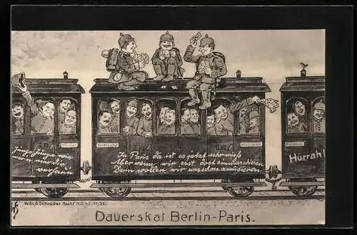 AK Dauerskat Berlin-Paris, Zug voller Soldaten