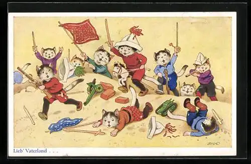 Künstler-AK Fritz Baumgarten: Lieb` Vaterland..., Katzen spielen Krieg, vermenschlichte Tiere