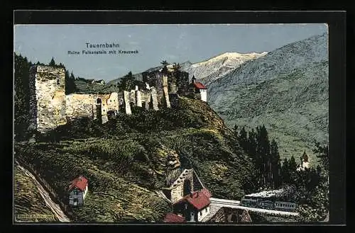 Künstler-AK Obervellach, Tauerbahn, Ruine Falkenstein und Kreuzeck