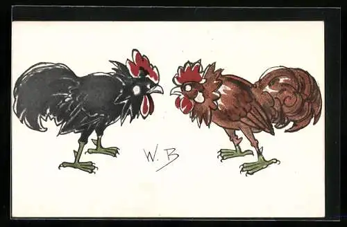 Künstler-AK Wilhelm Busch: Die beiden Kampfhähne