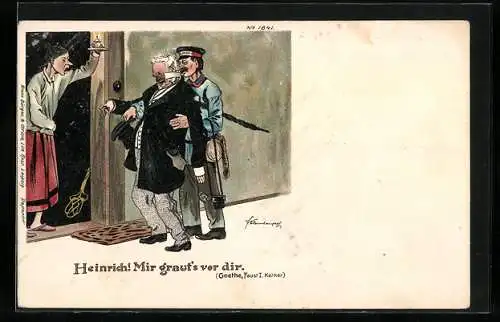 Künstler-AK Bruno Bürger & Ottillie Nr. 1841: Heinrich! Mir graut`s vor dir, Frau empfängt ihren betrunkenen Mann