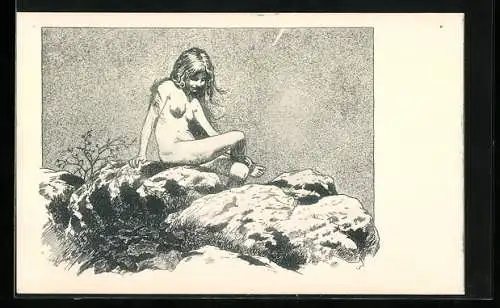 Künstler-AK Fidus: Nacktes Mädchen sitzt auf einem Felsen und erblickt eine kleine Eidechse