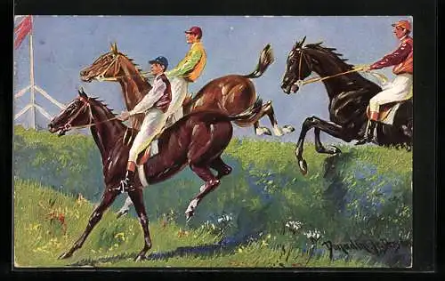 Künstler-AK Ermenegildo Antonio Donadini: Pferdesport, Springreiter beim Überqueren einer Hecke