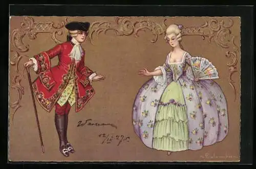 Künstler-AK E. Colombo: Barockes Paar mit Gehstock und Fächer