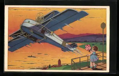 Künstler-AK Castelli: Mädchen blickt auf Doppeldecker beim Abflug